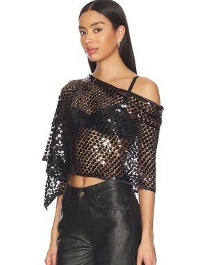 Jaded London Black Sequin Mesh Off-Shoulder Crop Top